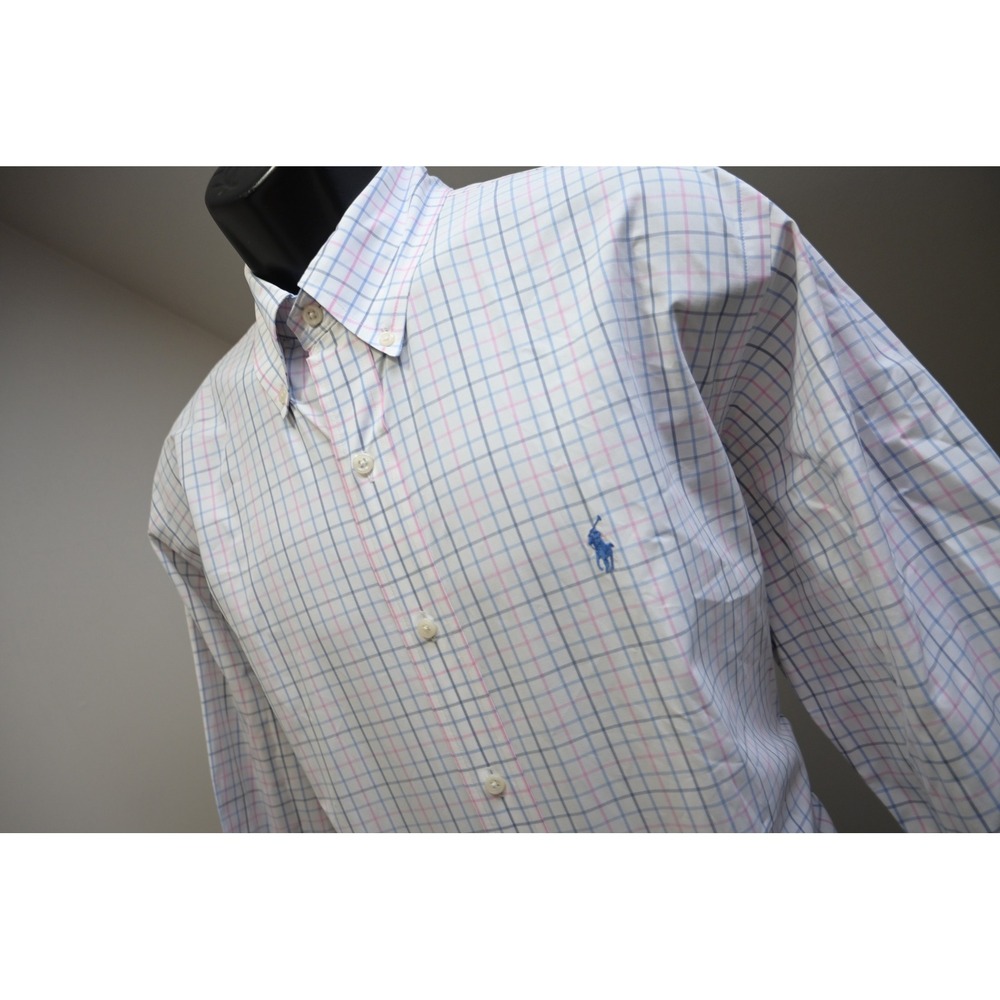 Polo Ralph Lauren Dress Shirt Mens Large White Pink Blue Plaid Classic Excellent